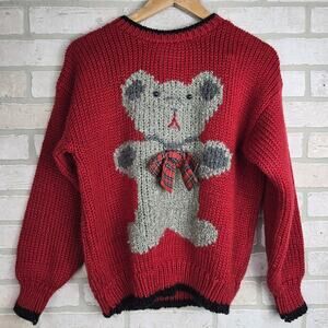 Vintage EVIAN Hand Knit Teddy Bear Sweater Womens Medium Pullover. Flaws!!